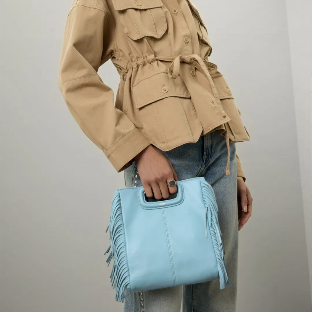 Maje $332 MSRP Maje M bag Light Blue Fringe Mini Top Handle w Crossbody 3-way - Picture 2 of 12